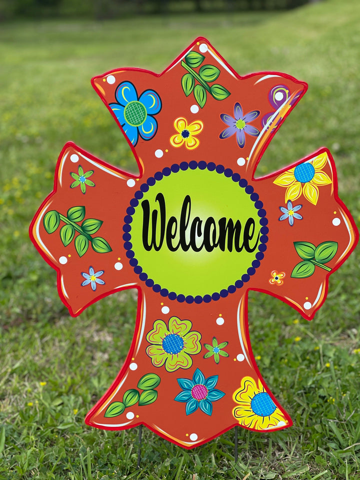 Orange Welcome Yard Art Cross 