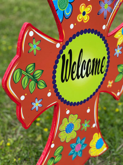 Orange Welcome Yard Art Cross 