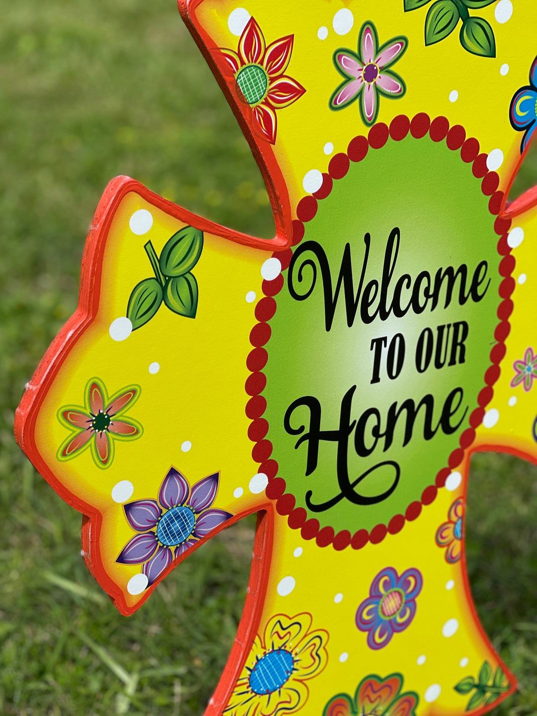 Welcome to Our Home Yellow Yard Art Cross Sign