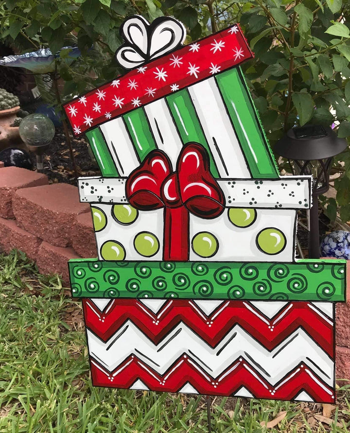 triple stacked presents painted yard art design