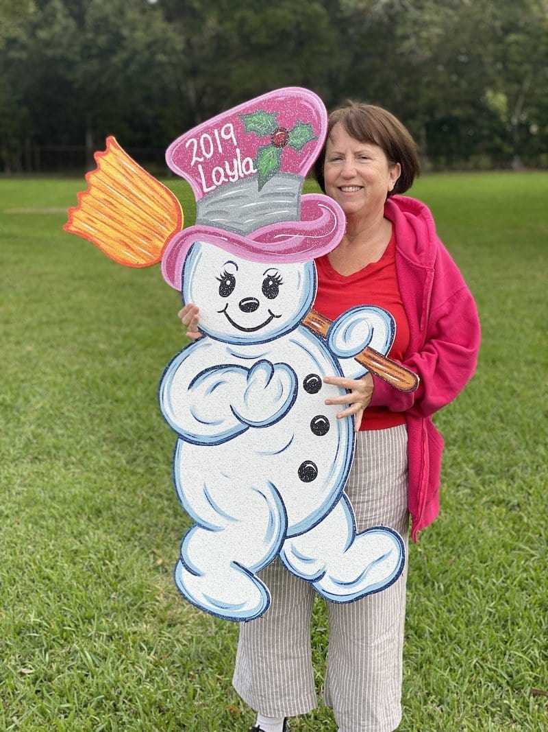 Frosty the snowman with pink top hat full body painted yard art design
