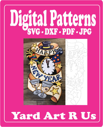 happy new year banner with clock, top hat, and wine glass digital pattern - SVG, DXF, PDF, and JPG file options