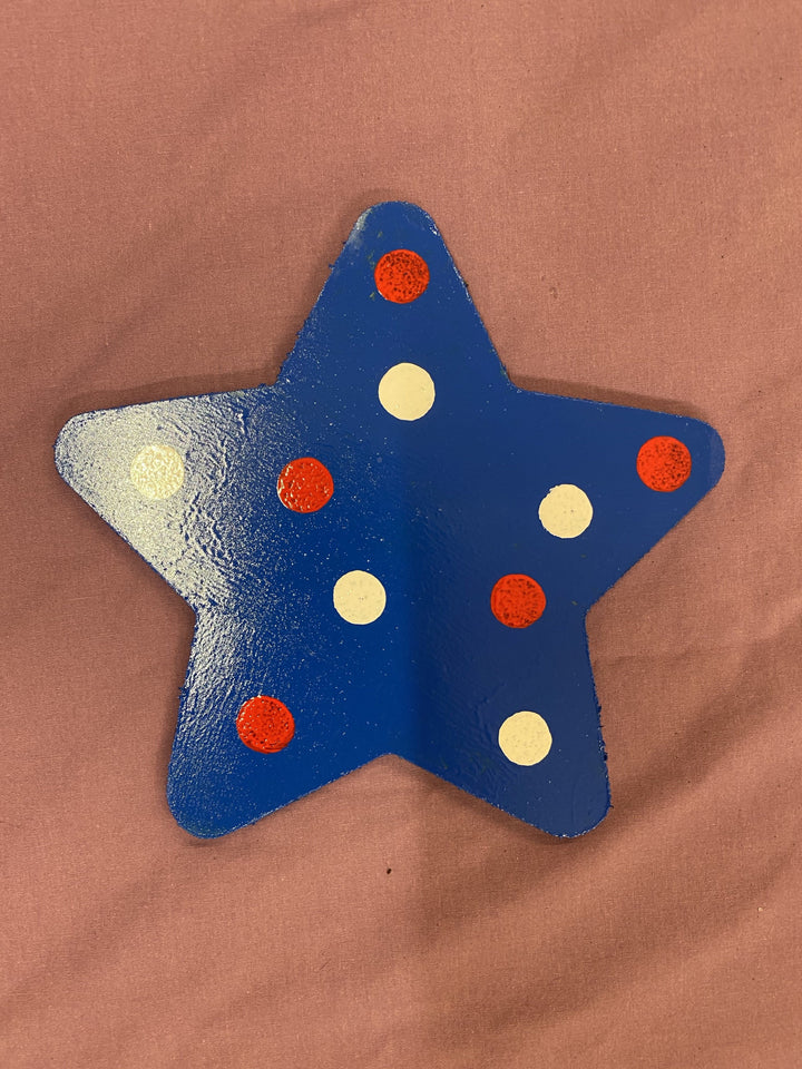 blue star with white and red dots Porch Leaner Attachment painted yard art design