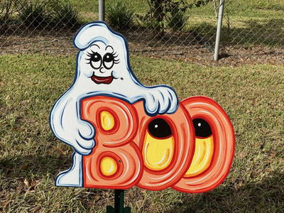 ghost holdong BOO letters with eyes painted yard art design