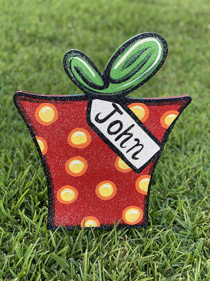 polka dot Christmas present with 2 loop bow and tag painted yard art design