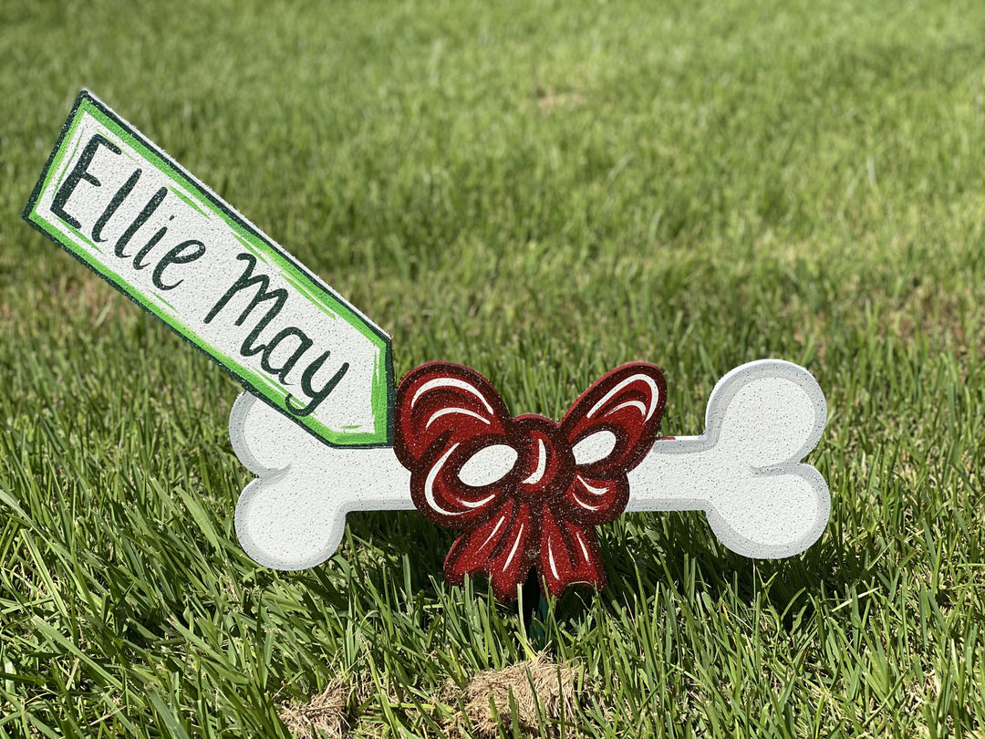Christmas dog bone with bow and tag painted  yard art design