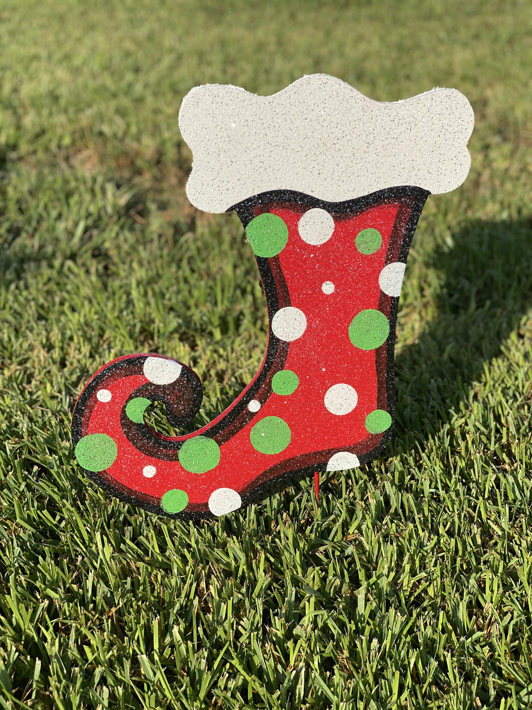 left polka dot Christmas stocking painted yard art design