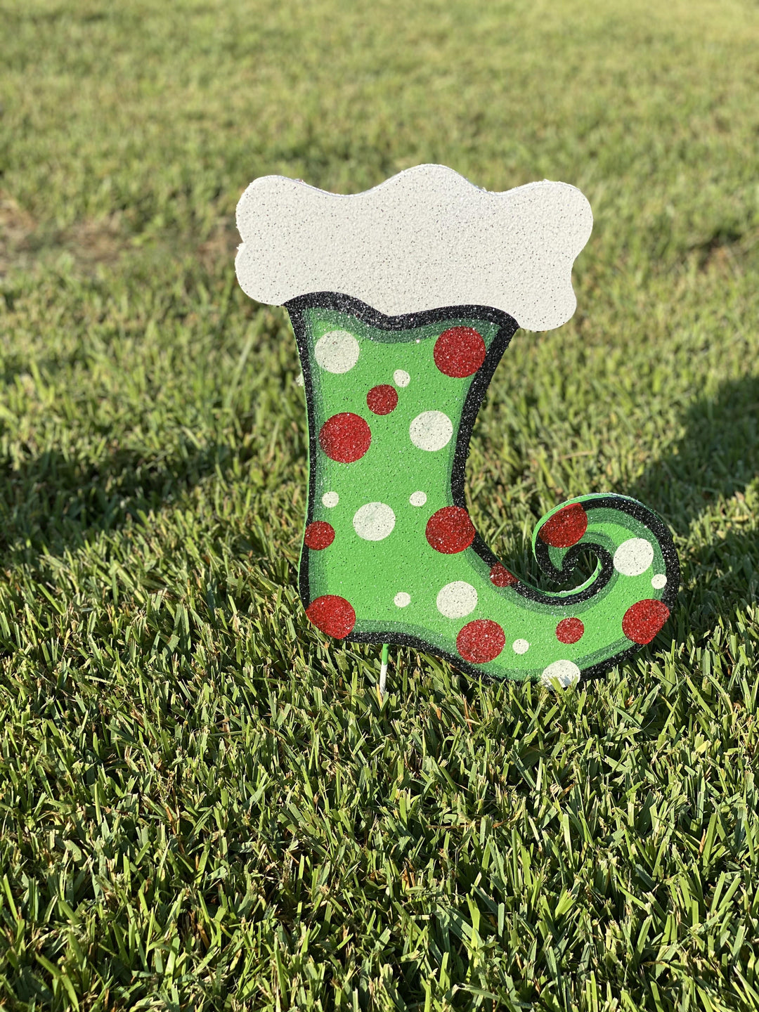right polka dot Christmas stocking painted yard art design