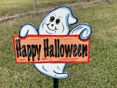 happy halloween sign held by ghost painted yard art design
