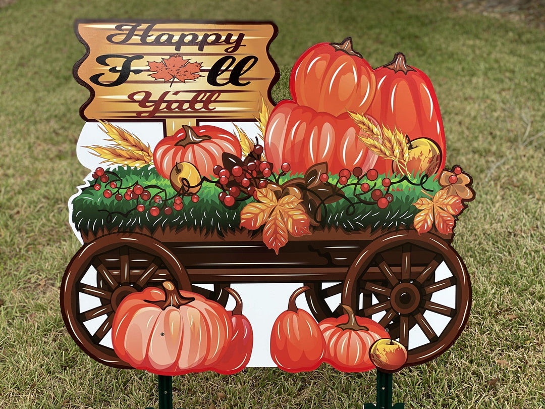 Pumpkin wagon happy fall y'all painted yard art decor