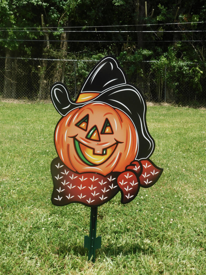 Cowboy hat pumpkin and five pumpkins Halloween yard art signs