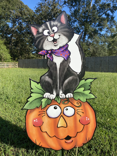 Smiling Black Cat Sits On Smiling Pumpkin Yard Art Decoration