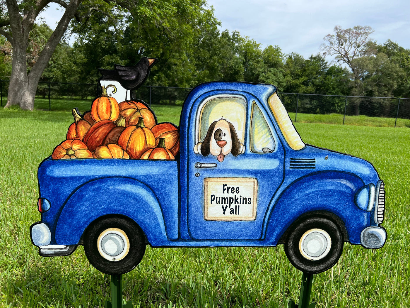 Blue Pumpkin Truck with Black Bird Yard Art Decoration