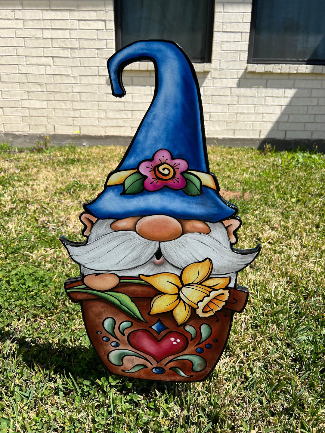 Gnome Sits In a Flower Pot Sign Outdoor Decoration