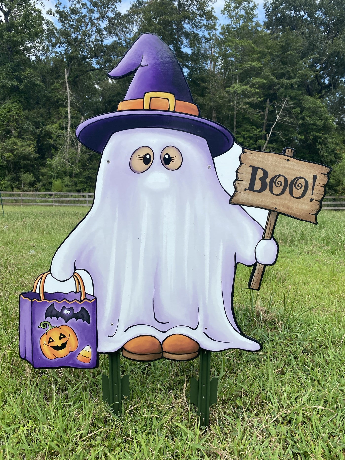 Ghost holds Boo Sign Halloween Yard Art