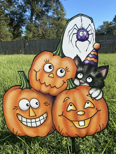 Pumpkin Trio with Black Cat Yard Art Decoration