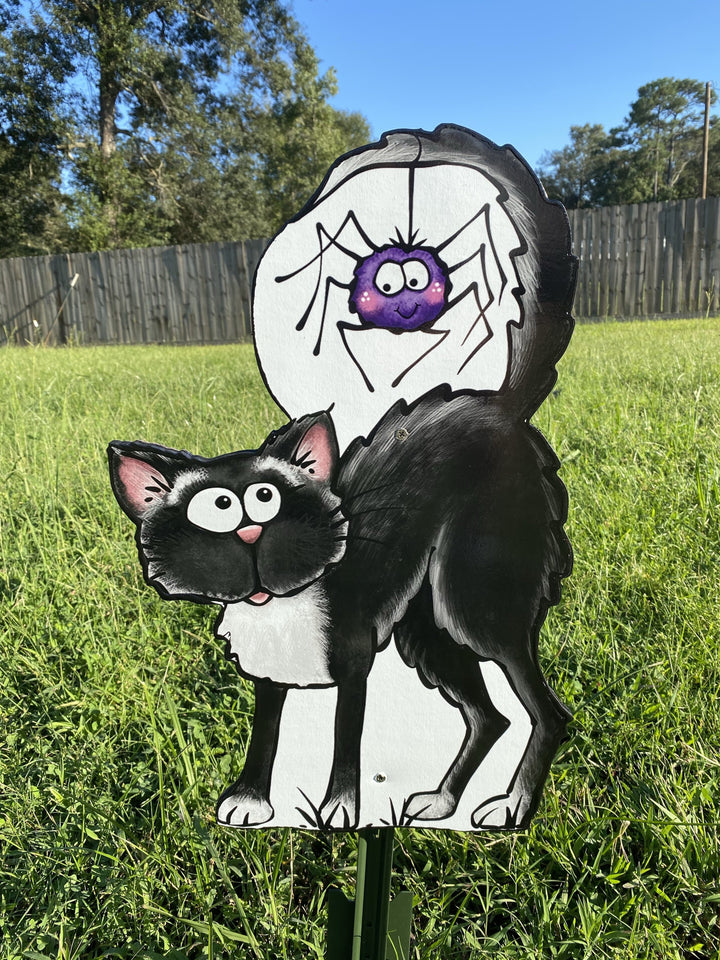 Black Cat with Spider on his Tail Yard Art Decoration