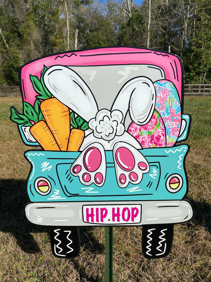 Easter Bunny Backside Blue Truck Sign Outdoor Decoration
