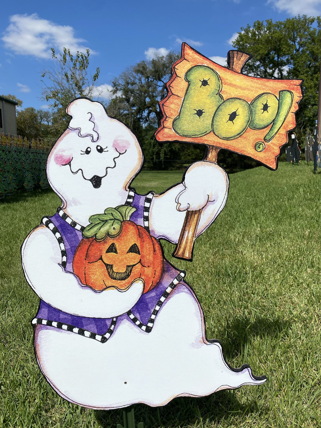 Ghost holds Wooden Sign Halloween Yard Art