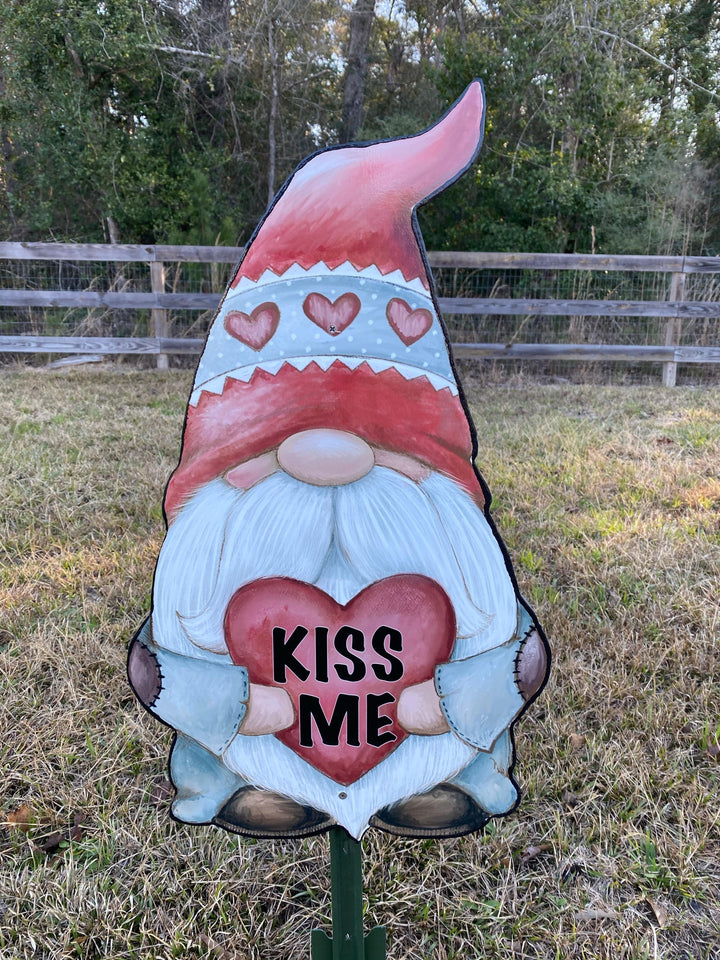 Valentines Gnome Holding a Kiss Me Heart Yard Sign Outdoor Decoration