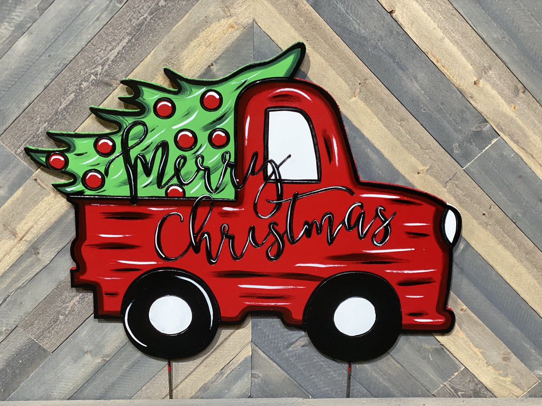 merry christmas pick up truck with tree painted yard art design
