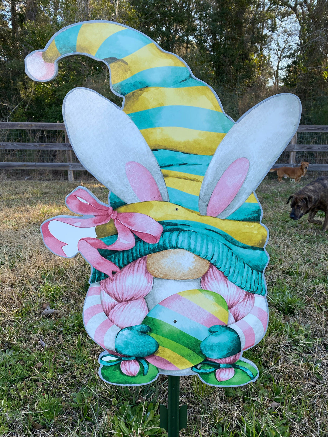 Easter Gnome holds Multicolored Striped Egg with Bunny Ears Outdoor Decoration