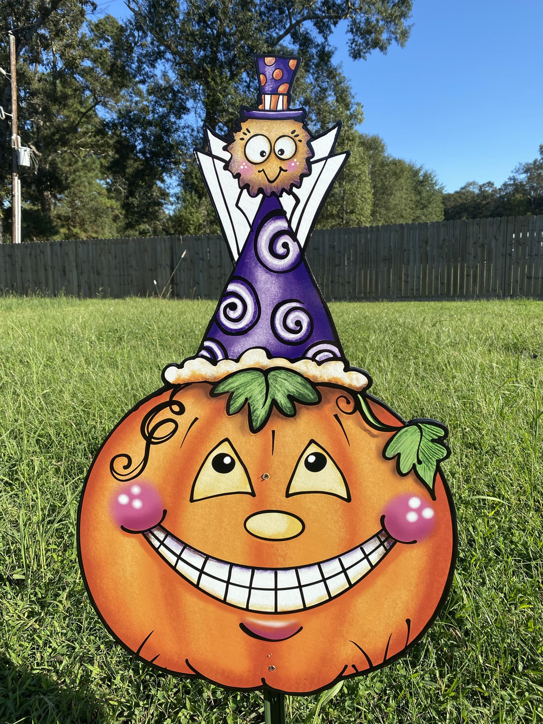 Smiling Pumpkin with Spider Top Hat Yard Art Decoration