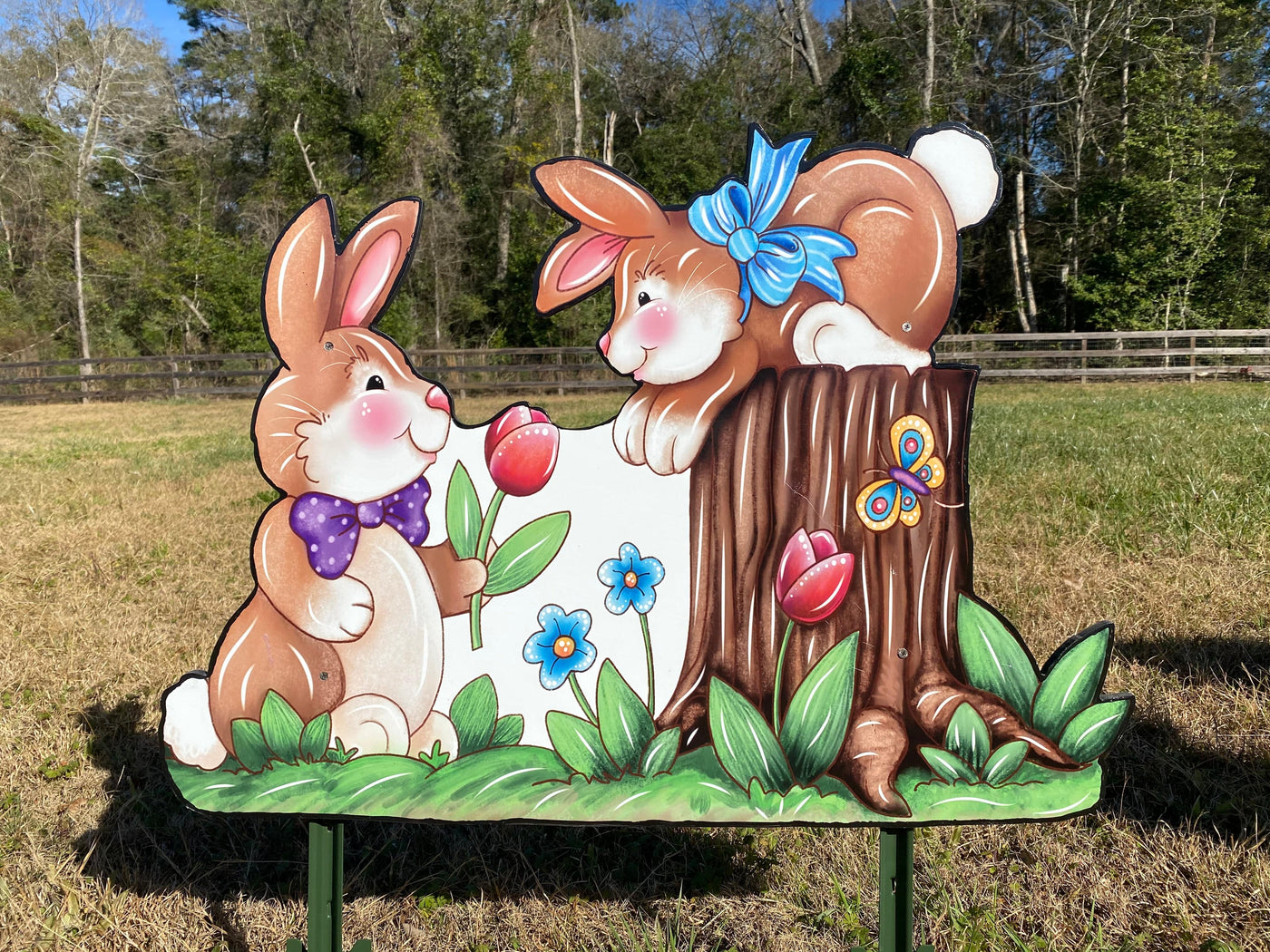 Easter Bunnies On A Stump Outdoor Decoration