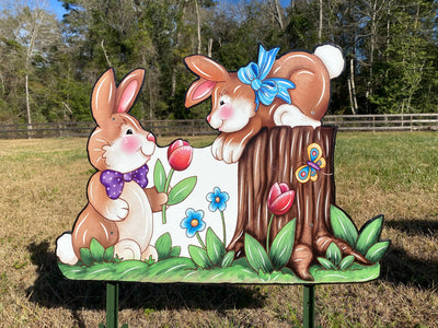 Easter Bunnies On A Stump Outdoor Decoration
