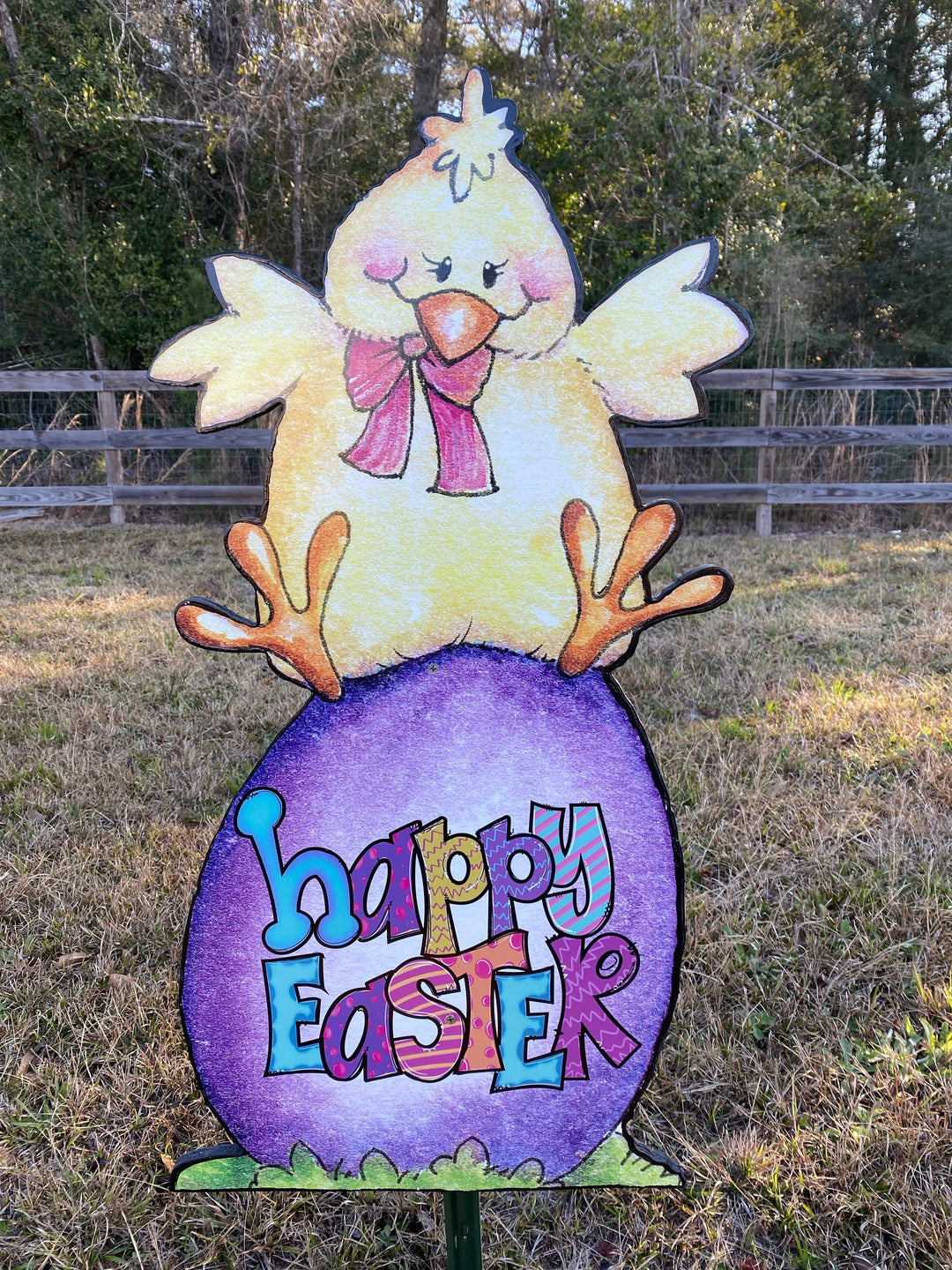 Chick Sits On A Happy Easter Egg Sign Outdoor Decoration