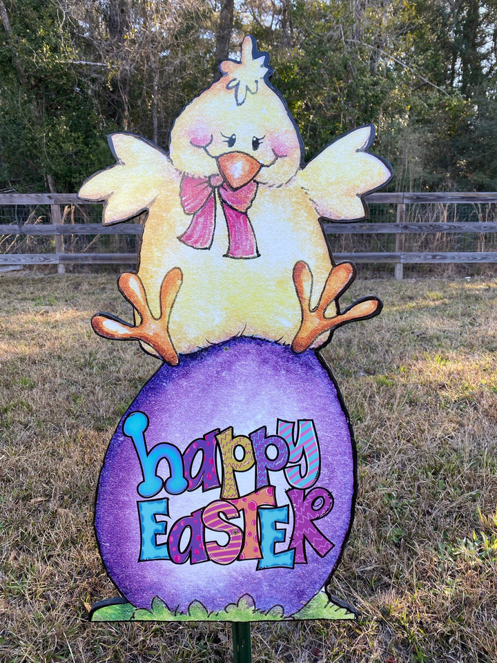 Chick Sits On A Happy Easter Egg Sign Outdoor Decoration