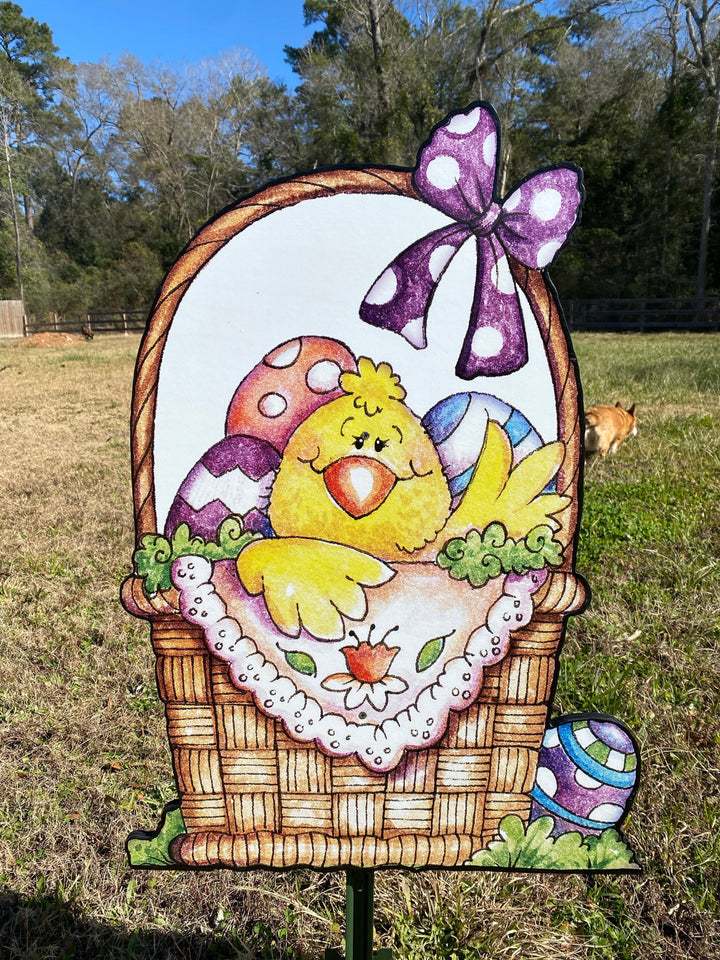Chick Sits In A Easter Basket Sign Outdoor Decoration