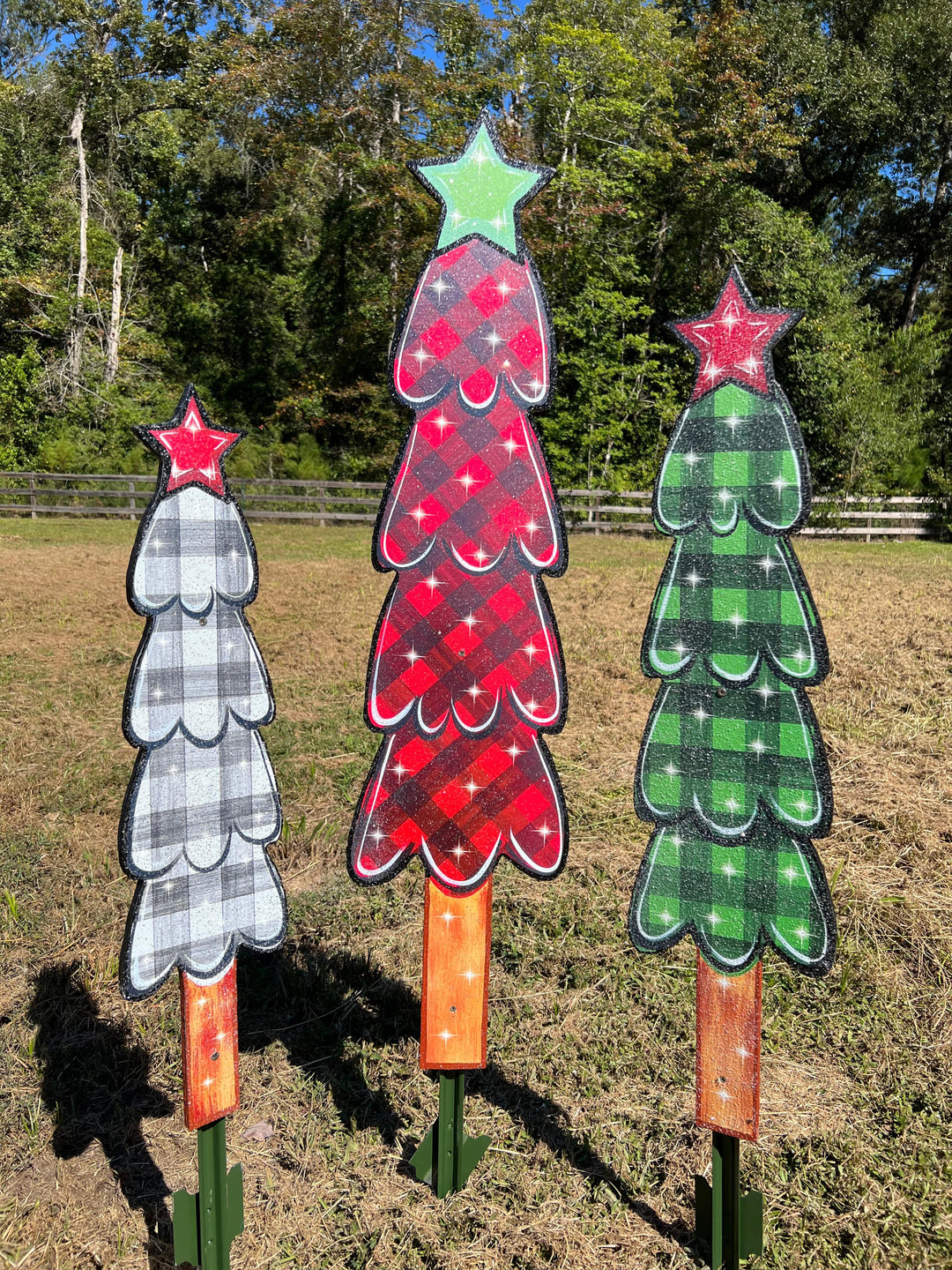 3PC PLAID Pencil Tree Set Christmas Yard Art