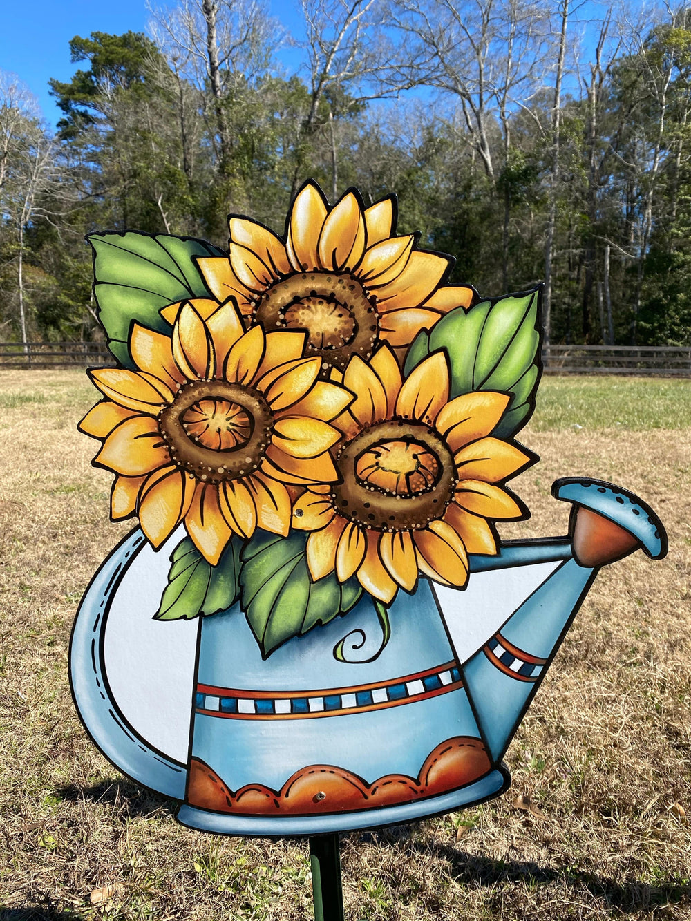 Outdoor decorative yard signs. Comes with stakes for easy mounting and placement. Yellow sunflowers in rustic blue bucket. Perfect for lawns, gardens, drives, porches - basically any outdoor living space. 