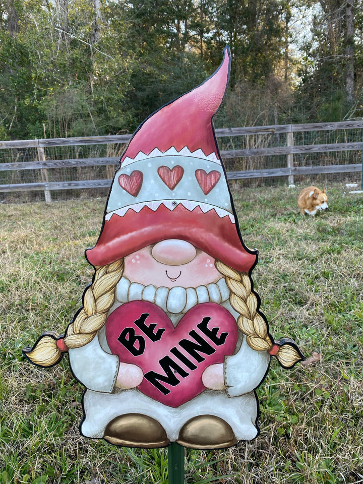 Valentines Gnome Holding a Be Mine Heart Yard Sign
