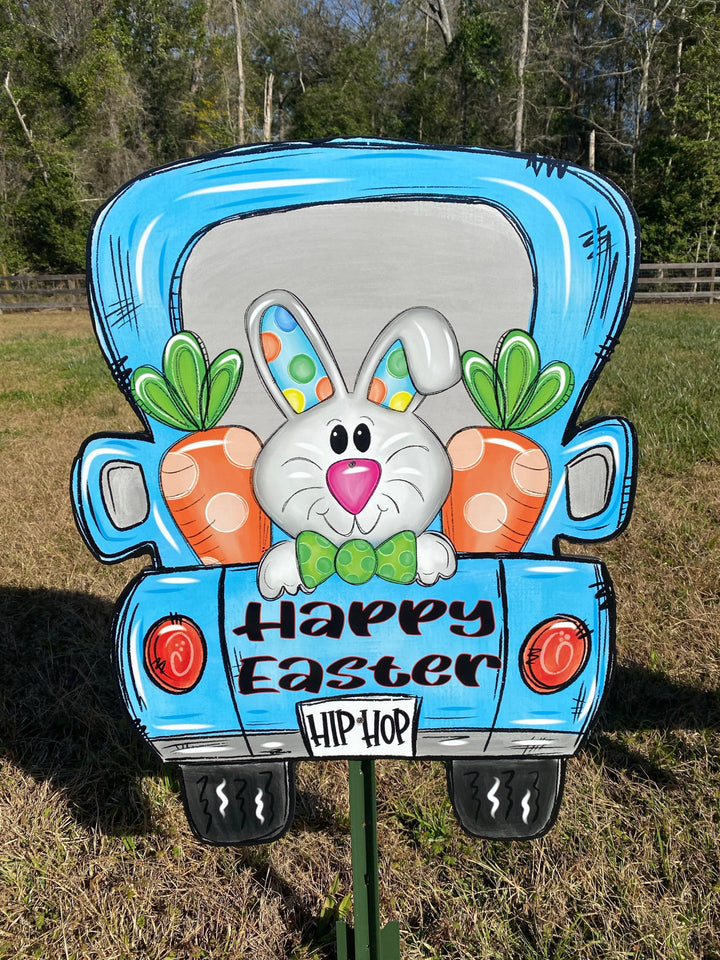 Happy Easter Bunny Blue Truck Sign Outdoor Decoration