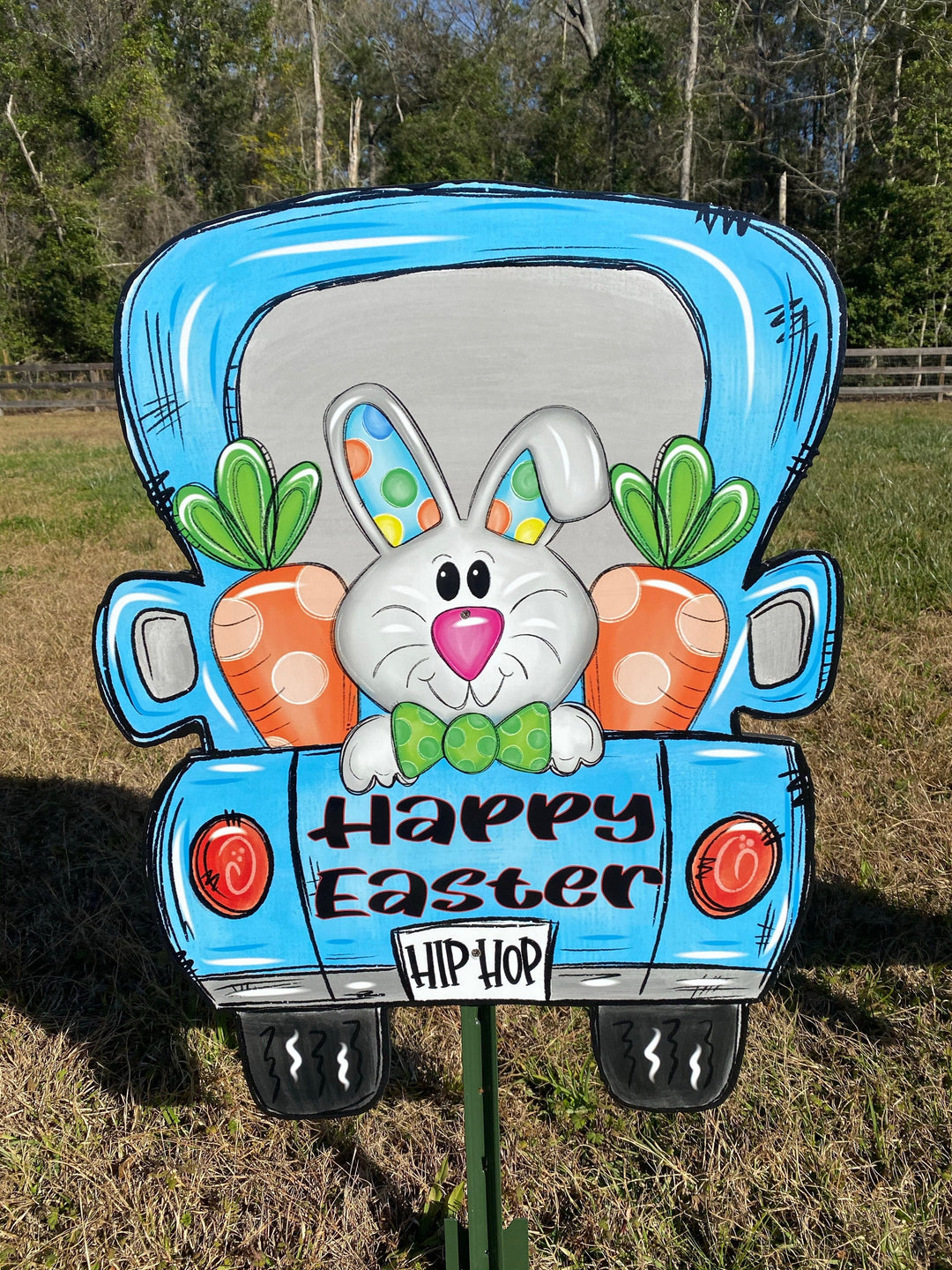 Happy Easter Bunny Blue Truck Sign Outdoor Decoration