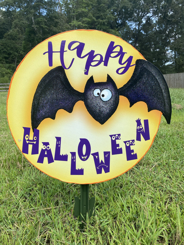 Black Bat on Moon Halloween Yard Art