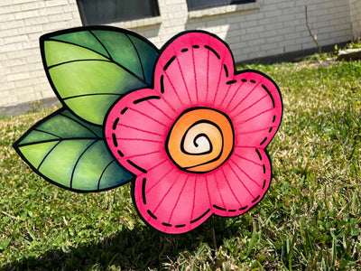 Pink Flower with Leaves Sign Outdoor Decoration