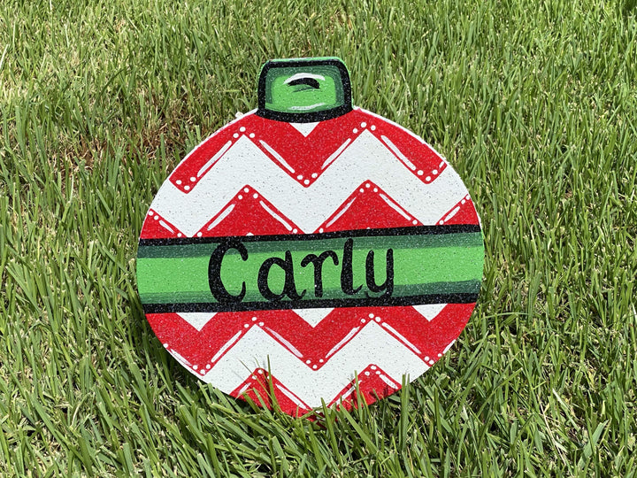 Christmas Ornament yard art with cheveron and name 