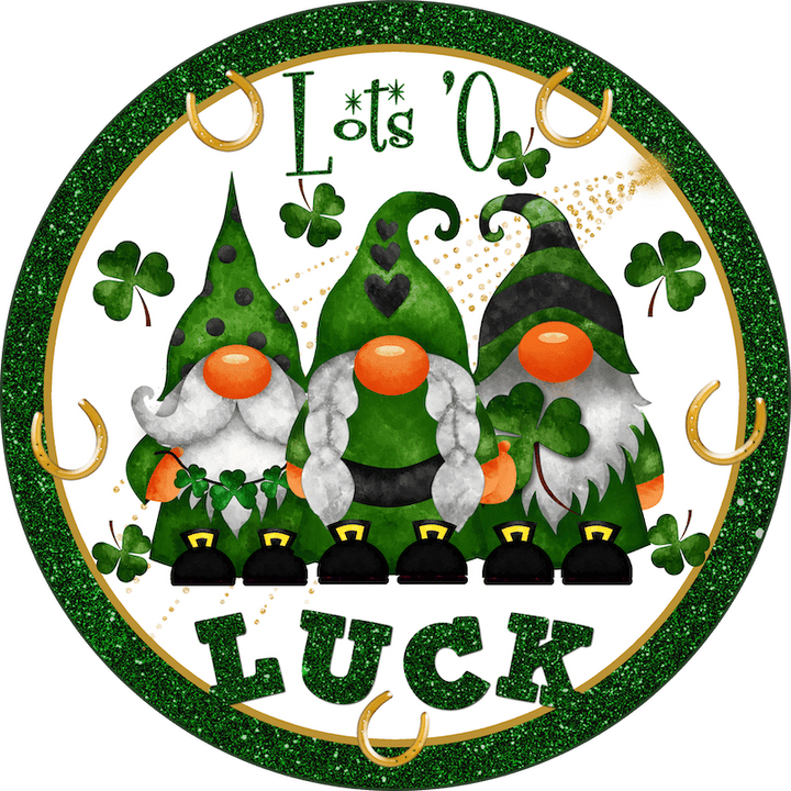 St. Patrick’s Day yard sign design featuring three festive gnomes in green outfits surrounded by shamrocks, gold horseshoes, and glitter with the phrase "Lots 'O Luck" in sparkling green letters.